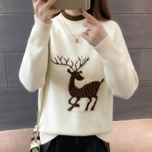Autumn Winter Women Sweater New Cartoon Embroidery Knit Pullover Half Turtleneck Thick Warm Sweater Female Tops HK110