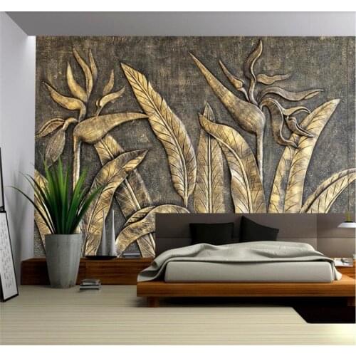 Custom wallpaper golden bird of paradise sculpture wall background wall-high-grade waterproof material