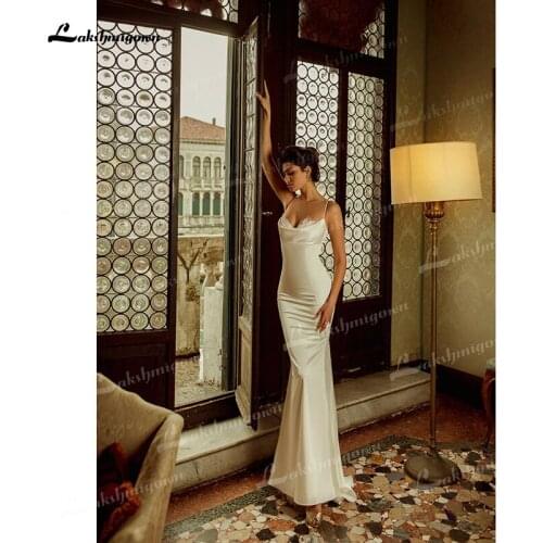 Simple Soft Satin Sheath Wedding Dresses Square Collar Neck Sexy Spaghetti Straps Sweep/Brush Train Bride Gowns Off The Shoulder