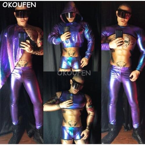 Sexy Jazz Team Performance clothing Man Blue Purple Colorful Stage costumes set Dj dancer outfit