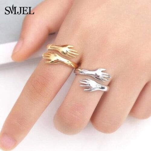 Silver Color Love Hug Open Rings for Women Simple Hand Shape Letter Finger Ring Unisex Adjustable Couple Lovers Jewelry Gift