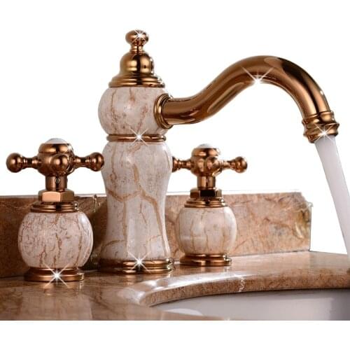 Luxury Rose gold Solid brass copper ceramics dual handle Washbasin faucet European three holes lavatory Faucet Waterfall tap