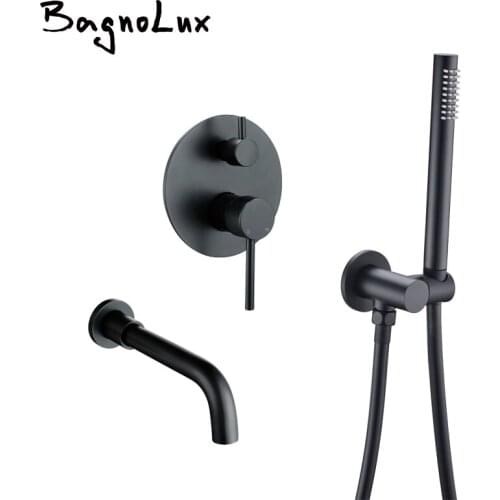 Vidric Brass Wall Mounted Spout Shower Mixer Set With Handshower Holder Hose Bathtub Filler H/C Bath Shower Dual Handle Diverter