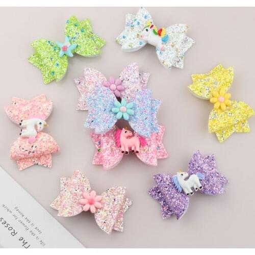 XIMA 10pcs/lot 3inch Women Girl Glitter Flower Hair Bows Kids Unicorn Hairpins Hair Clip for Children Hair Accessories