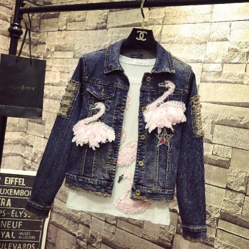 Denim Jacket Coat Women Europe Style 2018 Spring Autumn New Vogue Embroidered Pink Swan Slim Jeans Jackets Students Outfits