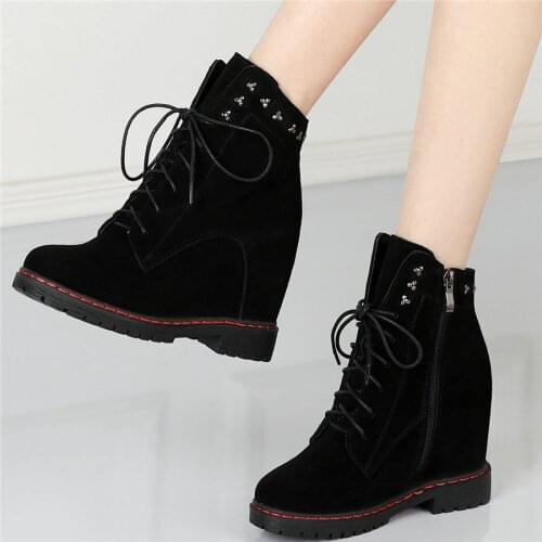 New Women Black Lace Up Genuine Leather High Heel Platform Pumps Shoes Female High Top Round Toe Rivet Riding Boots Casual Shoes