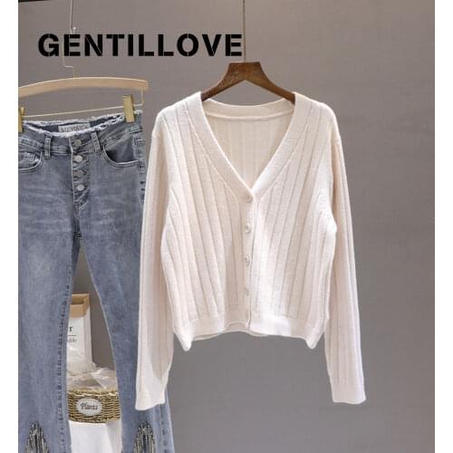 Autumn Winter Knitted V Neck Women Sweater Cardigan Solid Color Long Sleeve Single Breasted Ribbed Crop Top Loose Casual Coat