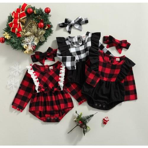 Newborn Baby Girls Plaid 2pcs Casual Clothes Set Cotton Long Sleeve Romper and Bowknot Headdress Toddler Outfits Clothings Set