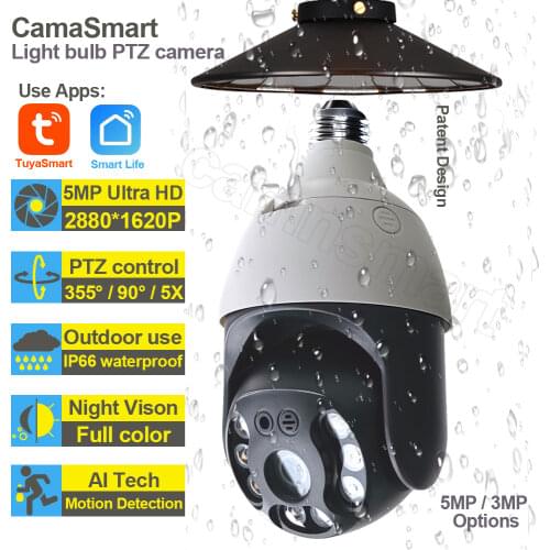 3MP/5MP Tuya Smart Life Outdoor Bulb Lamp Camera Wifi IP PTZ IR Color Night Vision Home Security Auto Track Video Surveillance