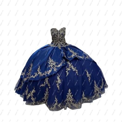 Sparkly Gold Embroideried Navy Ball Gown 15 Prom Formal Dress Quinceanera Sweet 16 Dresses Sweetheart Beaded Corset Back