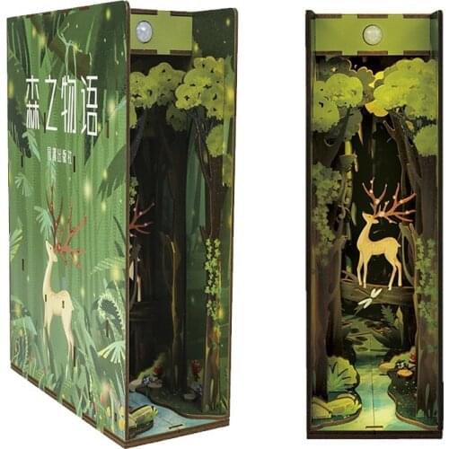 Wooden DIY Book Nook Shelf Insert Kits Model Forest Tree Animal Roombox Handmade Building Miniature Furniture Bookend Toys Gifts