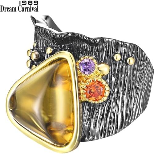DreamCarnival1989 New Big Baroque Rings for Women Exotic Fashion Ring Golden Yellow Triangle Zircon Hot Party Must Have WA11608G