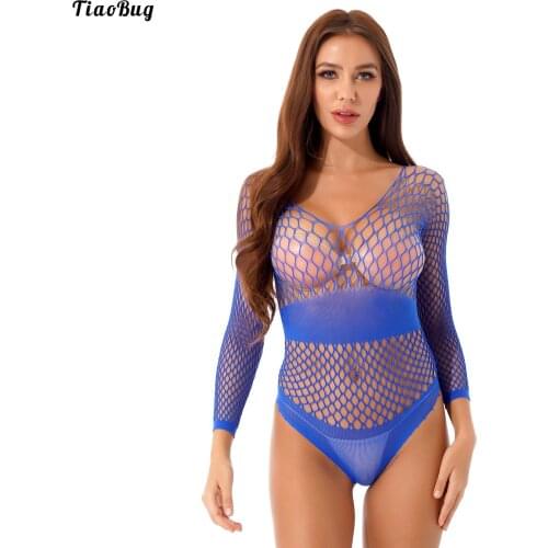 TiaoBug Summer Women Hollow Out Fishnet See-Through Long Sleeve Swimming Leotard Bodysuit Bathing Pool Beach Swimwear Bikini