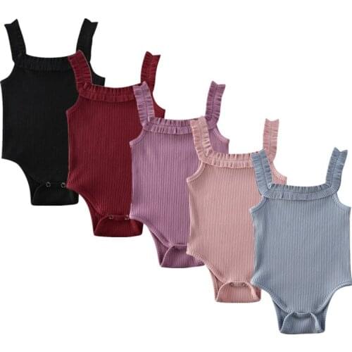Summer Baby Clothing Newborn Babies Girl Sleeveless Cotton Bodysuit Ribbed Ruffled Jumpsuits Solid Playsuits 0-24M