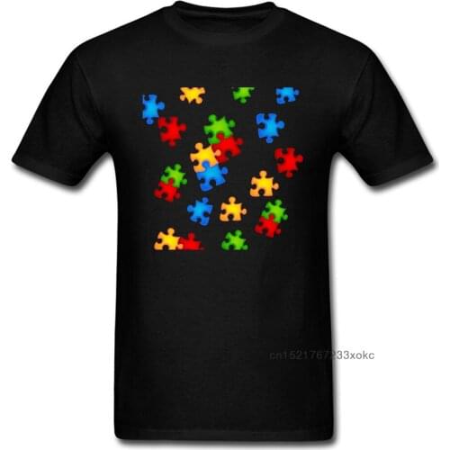 No Fade Men T-shirt 2018 Colorful Puzzle Pieces Print Male Black Tee Shirt Novelty Simple Design Teens Tops Wholesale