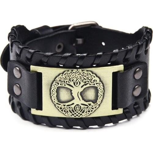 Punk Vintage Life Tree Alloy Wide Leather Men Leather Bracelet