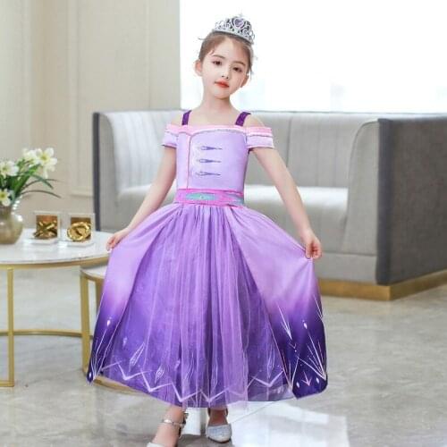 Original Disney Frozen Elsa Anime Cartoon Princess Sling Purple Dress Child Girl Little Girl Long Dresses Height 90-150cm