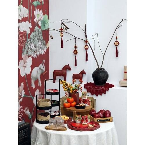 Chinese Red Cake Stand Set 12pieces Tradition Sytle Food Storage Trays Dessert Tableware Home Decoration Party Supplier