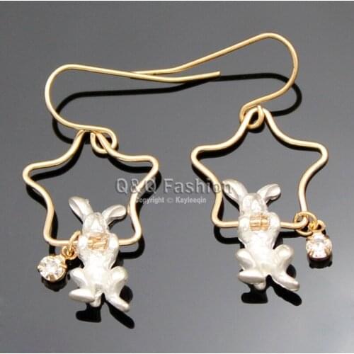 Gold Wonderland Shooting Star March Hare Rabbit Bunny Dangle Earrings Gift Jewelry New