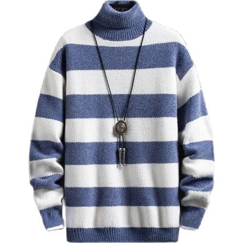 Fashion New Winter High Quality Cotton Sweater Men Striped Mens Christmas Sweaters Turtleneck Thick Warm Mens Pullovers Jumper
