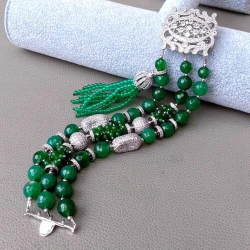 YYGEM 8'' 3 Strands Faceted round Green Agate cz pave beads Tassel Bracelet