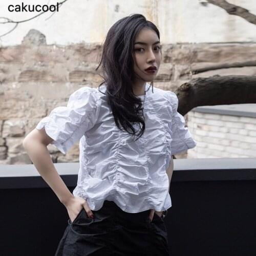 Cakucool 2019 summer new dark solid color simple wind Korean temperament ladies pleated short-sleeved shirt