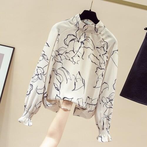New Spring Autumn Women High Collar Long Sleeves Retro Print Chiffon Shirt Office Ladies Shirts All-match Blouse Tops