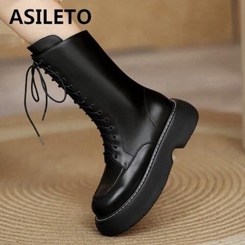Genuine Leather Lace-up Round Toe Waterproof 5.5CM Platform Shoes Autumn Winter Women Boots Leisure Fashion Ankle Boots S2377