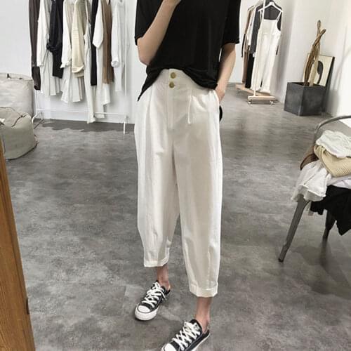 2021 New Arrival Summer Korean Style Women Casual Loose Ankle-length Pants Button Fly Waist Cotton Harem Pants W500