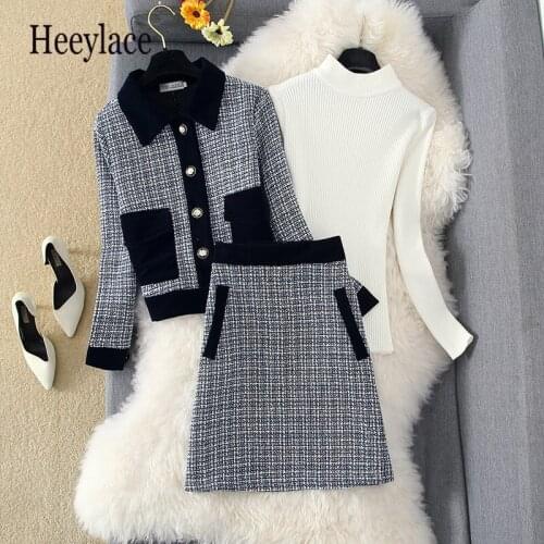 New Arrival Tweed Suits for Women High Quality Buttoned Woolen Short Coat A-line Mini Skirts White Knitted Sweater Suits