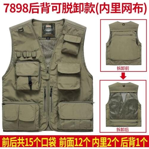 2021 Mens Outdoor Multi-Pocket Fishing Photography Horse Clip V-neck Zipper Quick-Dry Vest