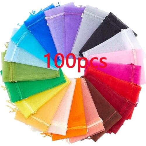 100pcs Organza Bags Multi-Color Satin Drawstring Organza Pouch Jewelry Packaging Bags Christmas Wedding Party Favor Gift Bags