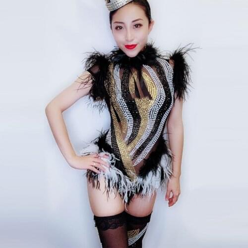 2018 Sparkly Rhinestones Black White Feather Mesh Bodysuit Leggings Nightclub Women Dance Performance Outfit Party Wear DL3424