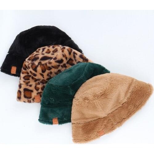2020 Korea Autumn Winter Vintage Leopard Plush Bucket Cap Japanese Sweet and Lovely Fisherman Hat Warm Padded Basin Cap 55-58cm