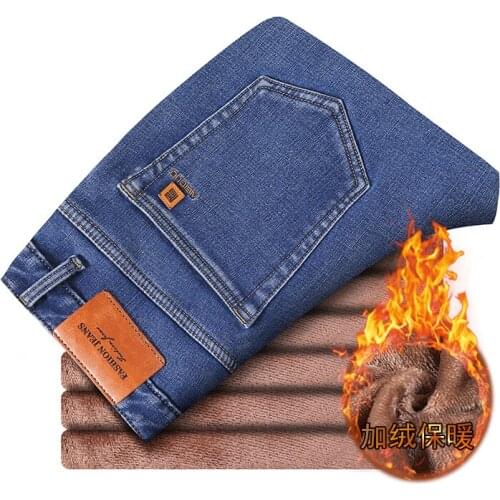 2021 Design Mens Winter Warm Jeans Grey Blue High Quality Cotton Slim-fit Stretch Denim Pants Male Brand Trousers