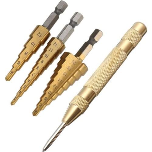 3Pcs 3-12/4-12/4-20mm HSS Titanium Coated Step Drill Bits with Automatic Center Pin Punch