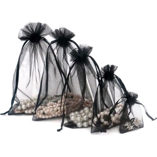 50pcs/lot 7x9 9x12 10x15 13x18CM Black Organza Bags Jewelry Packaging Bags Wedding Party Decoration Drawable Bags Gift Pouches