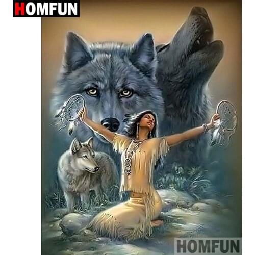 HOMFUN Full Square/Round Drill 5D DIY Diamond Painting "Indian wolf" Embroidery Cross Stitch 5D Home Decor Gift A07304