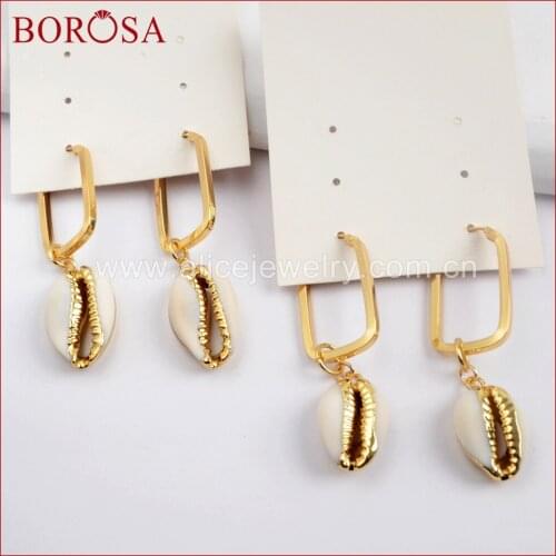 BOROSA New Arrival Natural Druzy Fashion Jewelry Gold Color Cowrie Shell Rectangle Earring For Women Statement Gift G1589