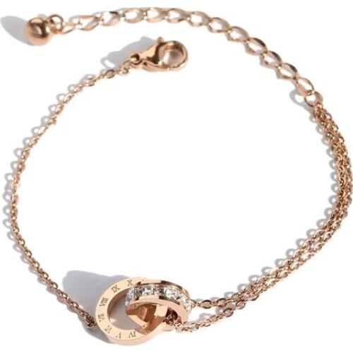 New Rose Gold Color Two Circles Buckle Chain & Link Bracelets Stainless Steel 5CM Extending Length Armband Luxury Brand Jewelry