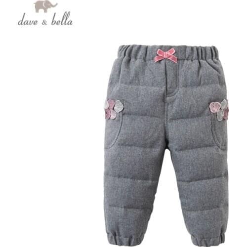 DBJ16347 dave bella winter baby girls down pants baby fashion bow pockets padded trousers children high quality down trousers