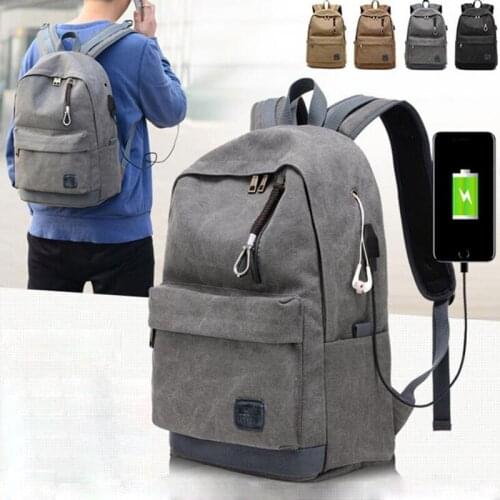 Men Women Canvas Backpack USB Charging Headphone Holes Backpack for Teenagers Adult Office Laptop Daypack Backpack