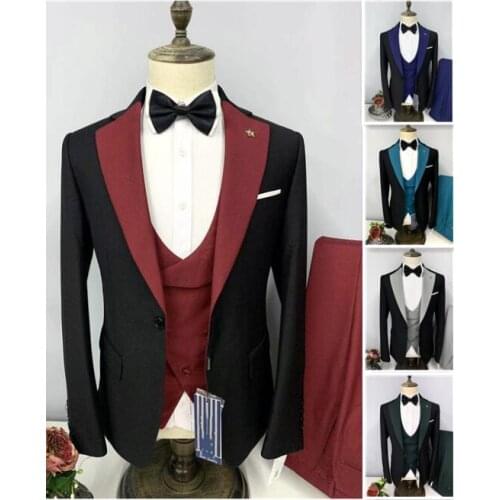 2021 Classic formal wedding suits men slim 3 piece groom black tuxedo wine red Lapel vest pants man business casual party Blazer