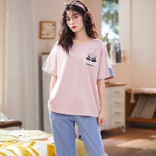 Summer Cartoon Pink Cotton Pajamas Set Soft Casual Short Sleeve Trousers Plus Size Home Wear For Women Fashion Kawaii Sleepwear
