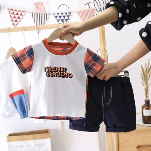 2021 summer Korean fashion plaid shirt childrens fashion summer boys' personalized leisure suit