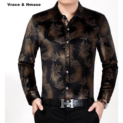 Leaves embossed printing fashion casual luxury boutique long sleeve shirt Autumn 2018 high-quality gold velvet men shirt M-XXXL