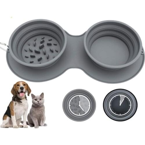 Non-Slip Double Dog Bowl Cat Food Bowls Food and Water Bowls Silicone Folding Pet Outdoor Portable Anti-Choking Feeder Dish Bowl