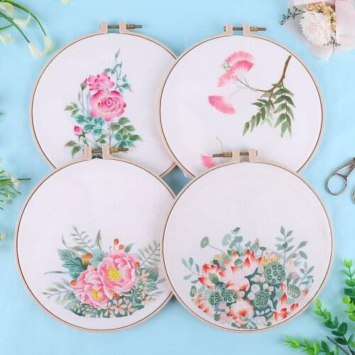 Chinese Flower DIY Embroidery Kit with Plastic Hoop Cross Stitch Needlework Sewing Art Craft Embroidery Painting Home Decor
