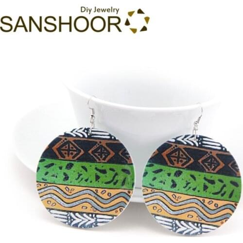 SANSHOOR Printed African Artistic Wood Drop Earrings 6cm Large Afrocentric Bohemia Jewelry As Black Women Christmas Gift 1Pair