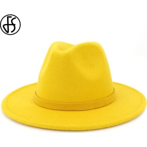 FS 60CM Hats Men Women Wide Brim Yellow Wool Felt Jazz Fedora Retro Style Solid Color Panama Hat Black Trilby Party Formal Hats